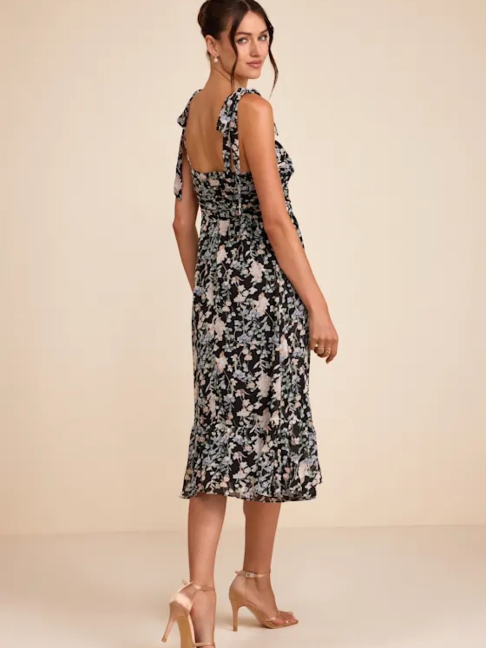 Lulu's Black Midi Dress with Pale Pink Floral Print - Picture 3 of 5